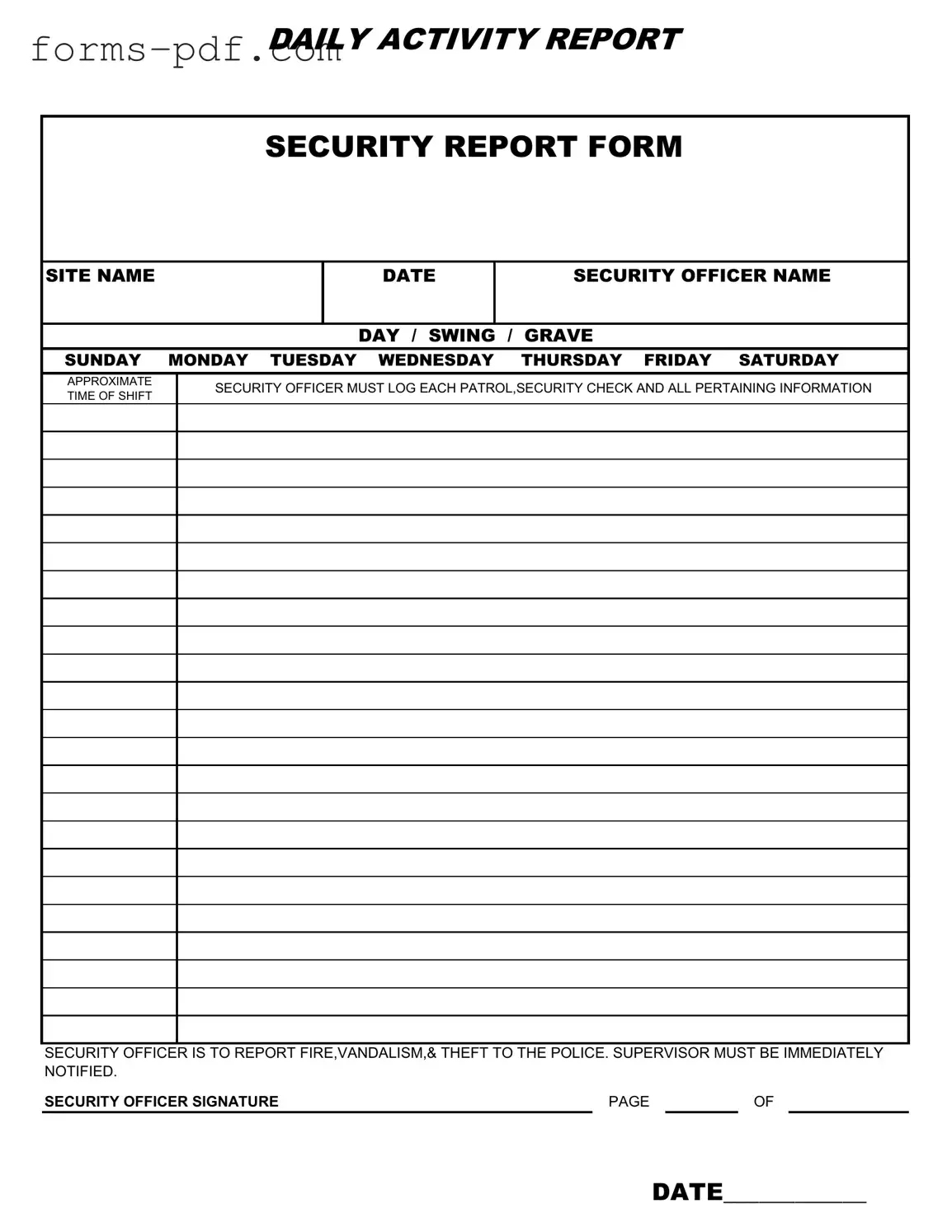 Security Guard Daily Report Sample PDF Form