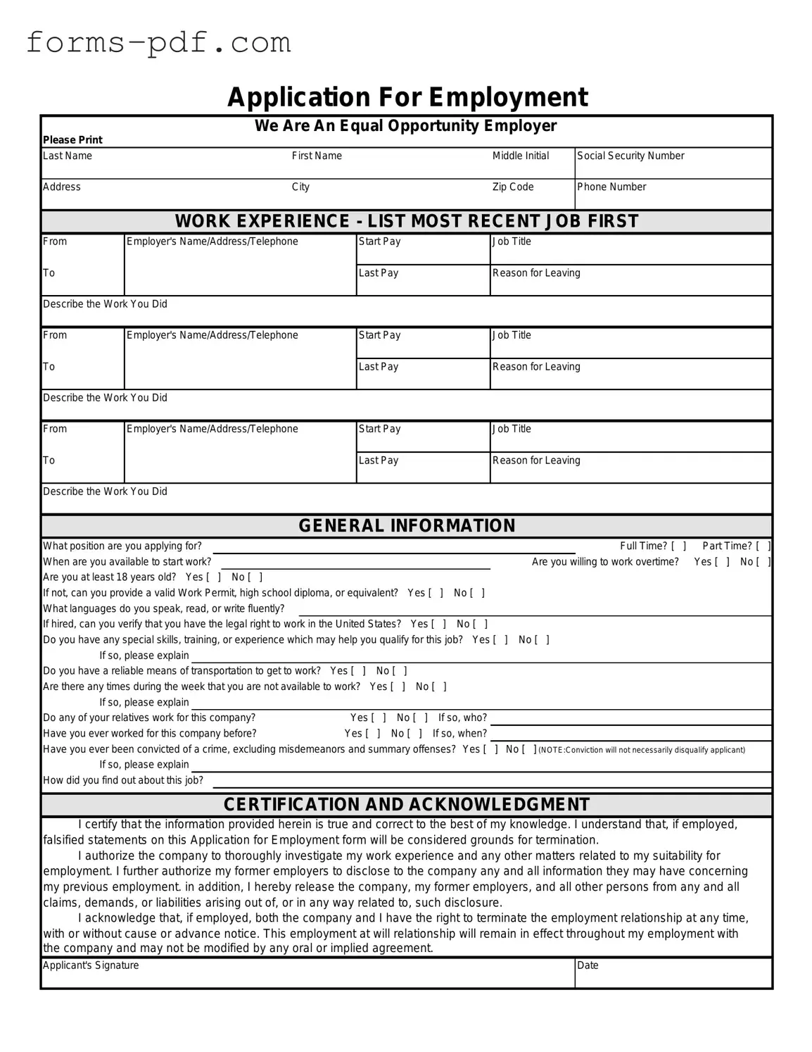 Spanish Application Employment PDF Form