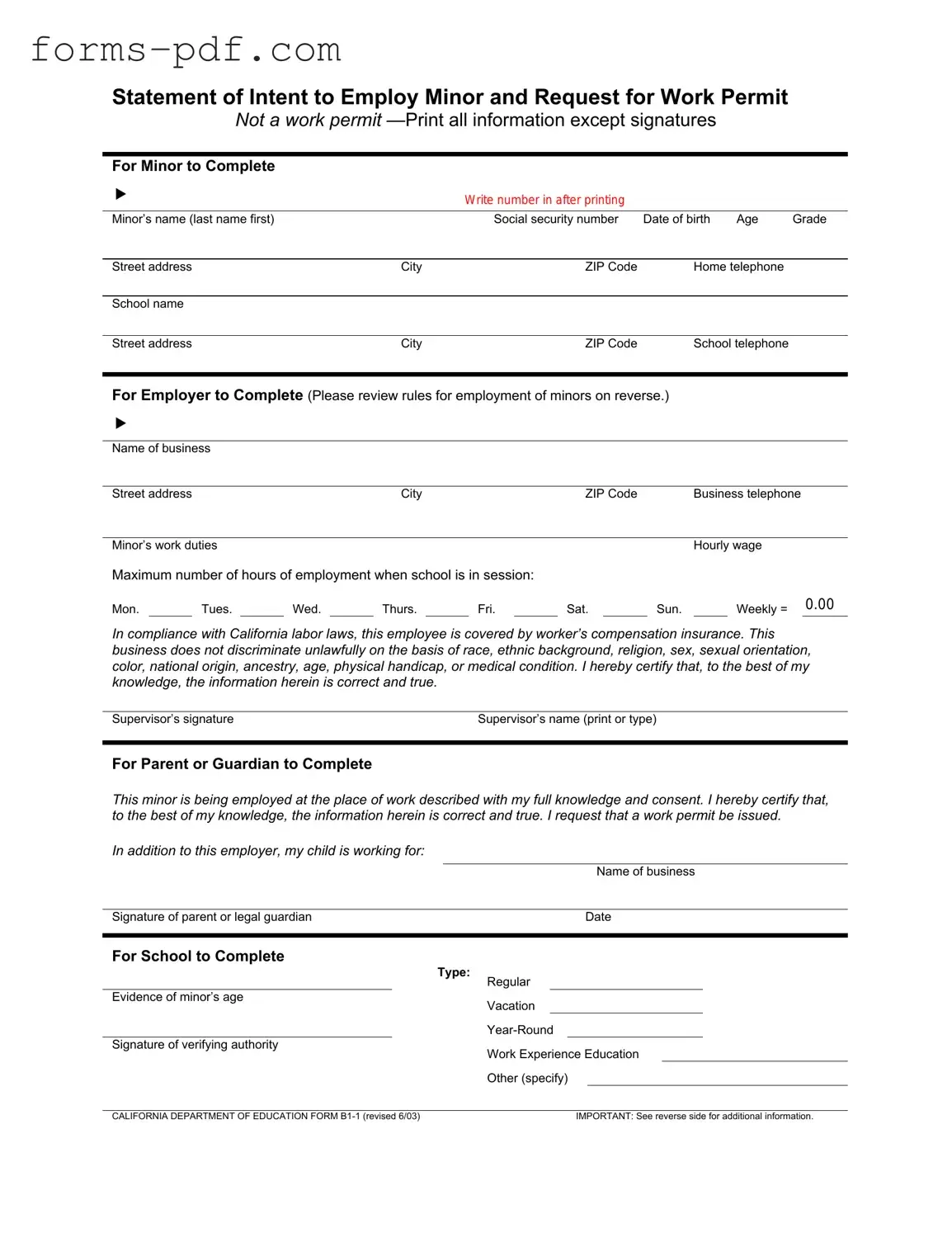 Statement of Intent to Employ Minor and Request for Work Permit PDF Form