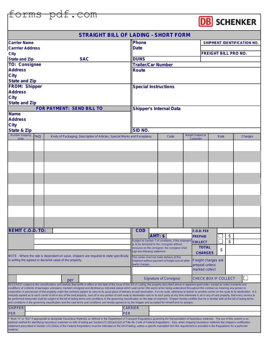 Straight Bill Of Lading PDF Form