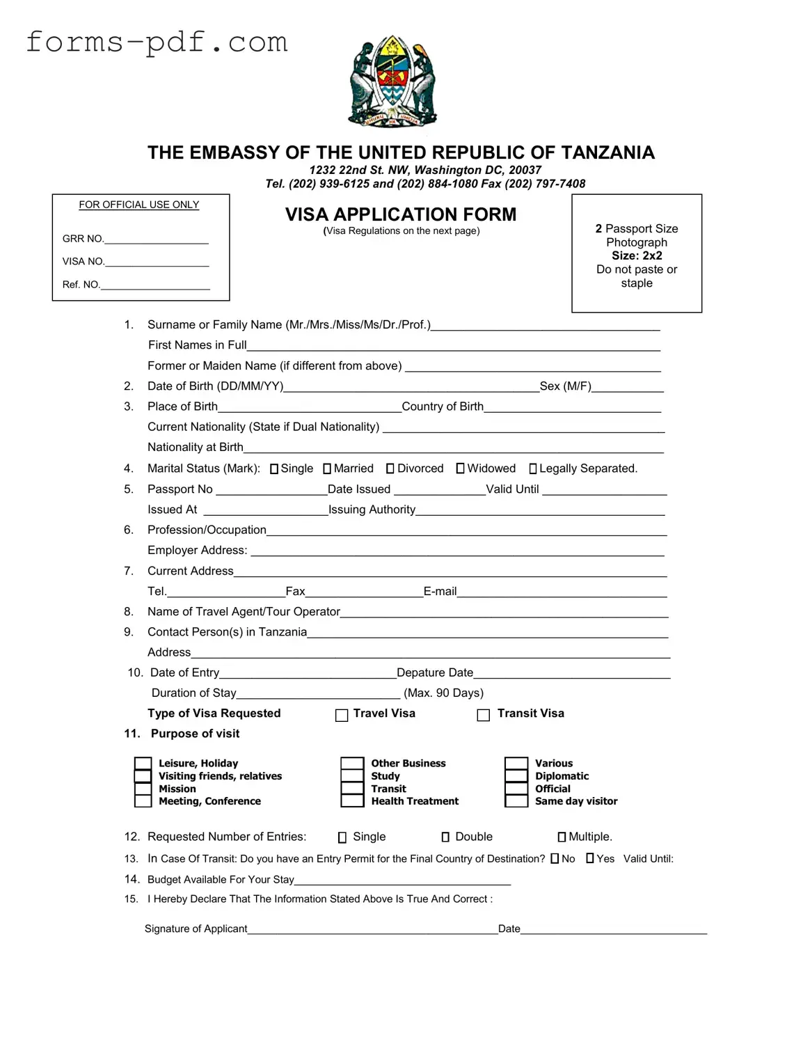 Tanzania Visa Applicaiton PDF Form
