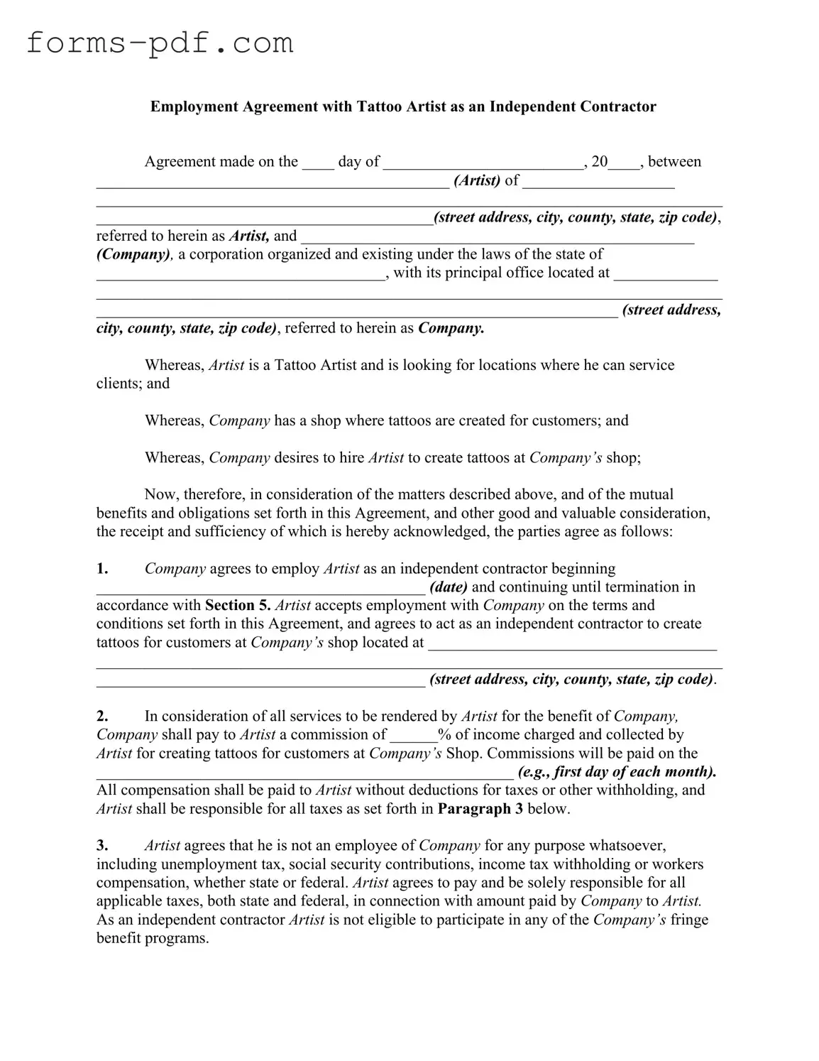 Tattoo Shop Artist Agreement PDF Form