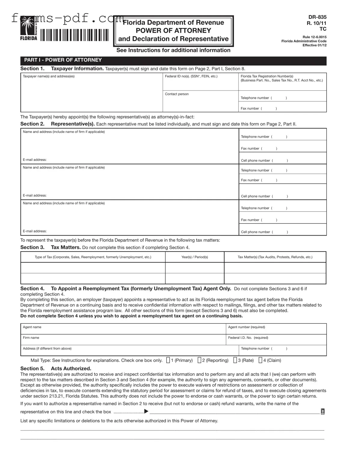 Tax POA dr 835 PDF Form