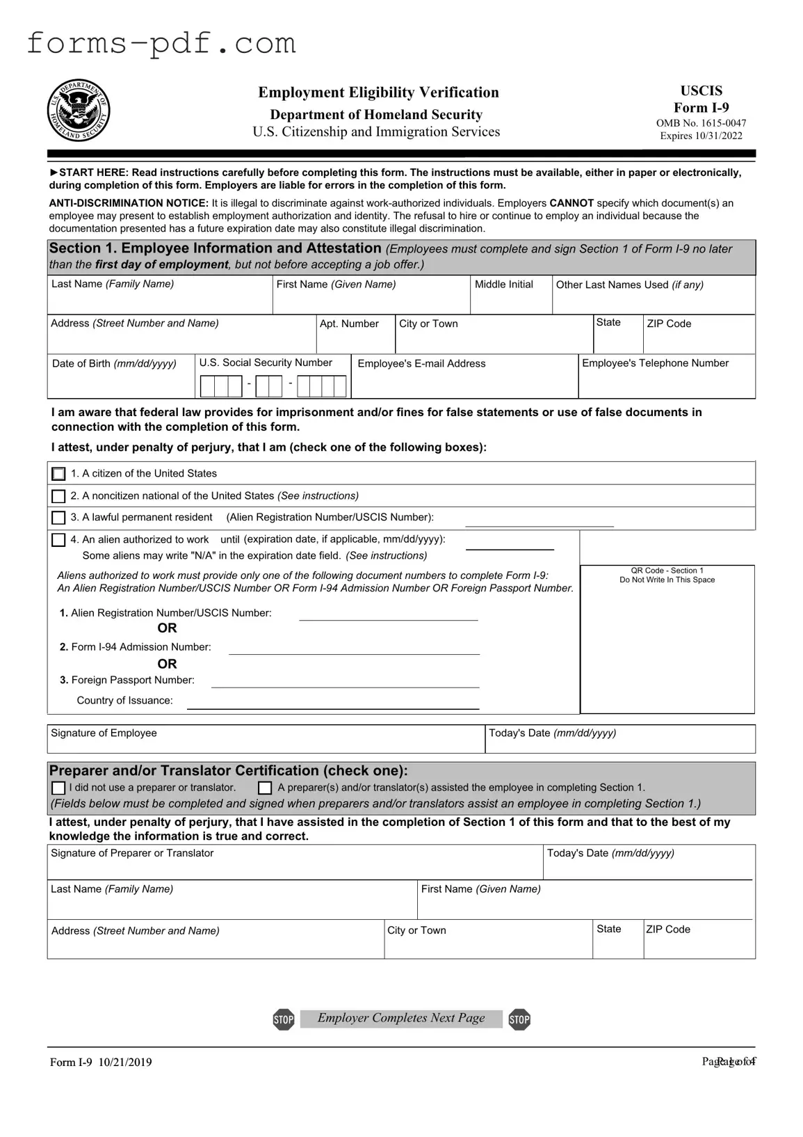 USCIS I-9 PDF Form