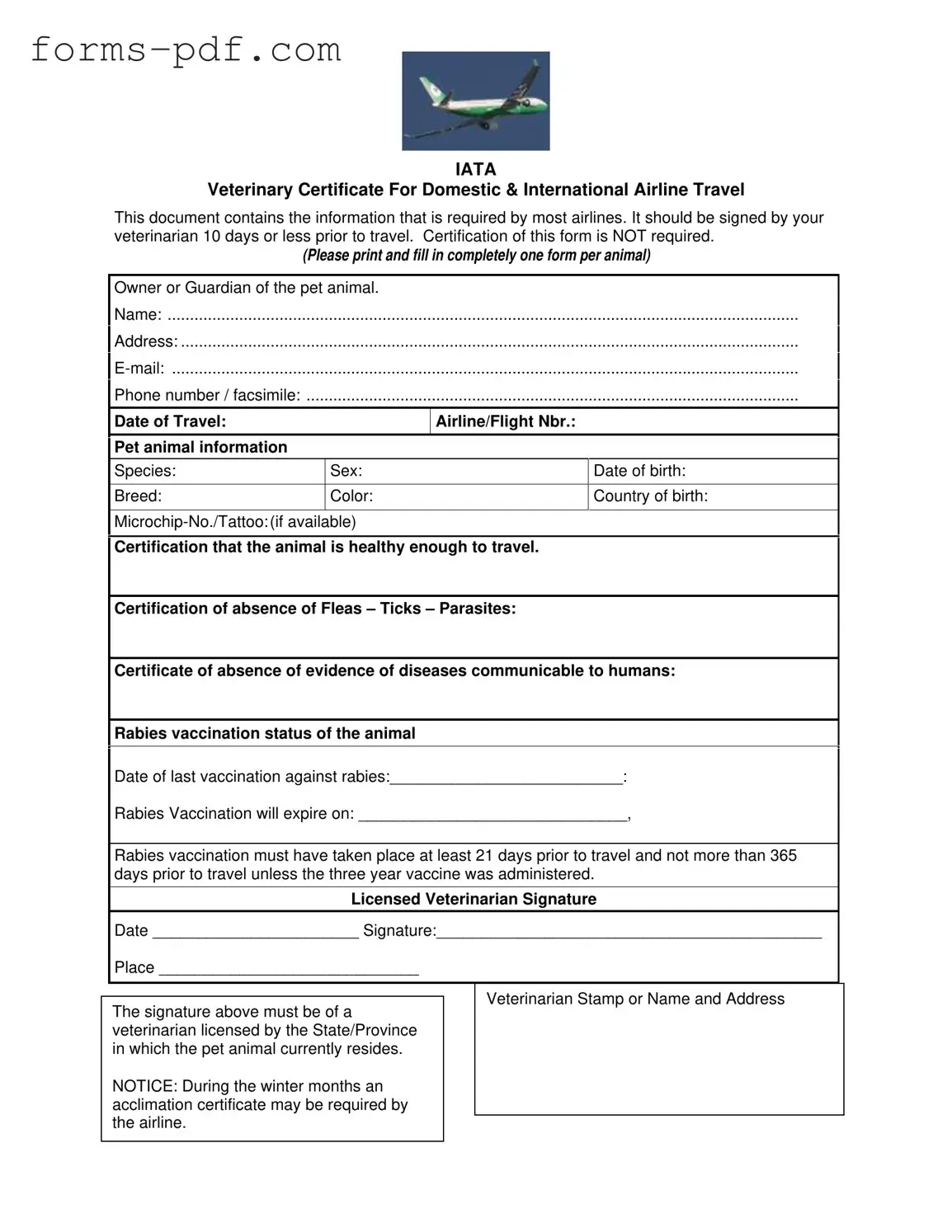 Veterinary Certificate Travel PDF Form