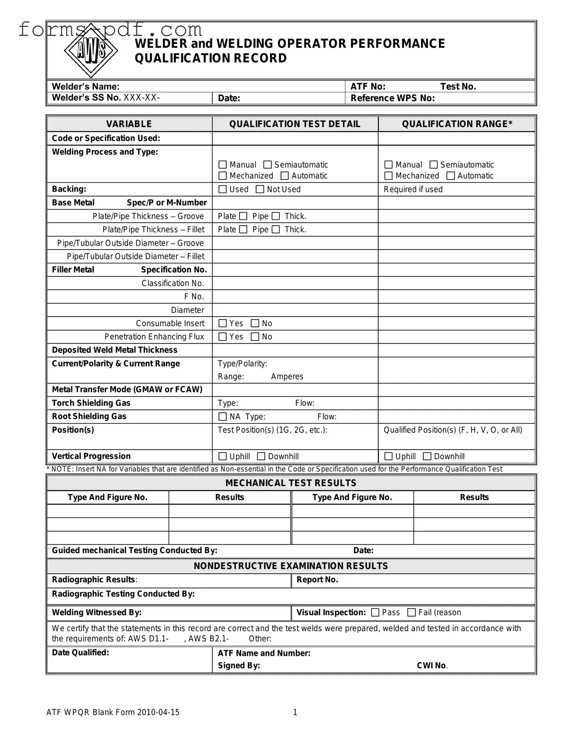 Welder Performance Qualification Record PDF Form